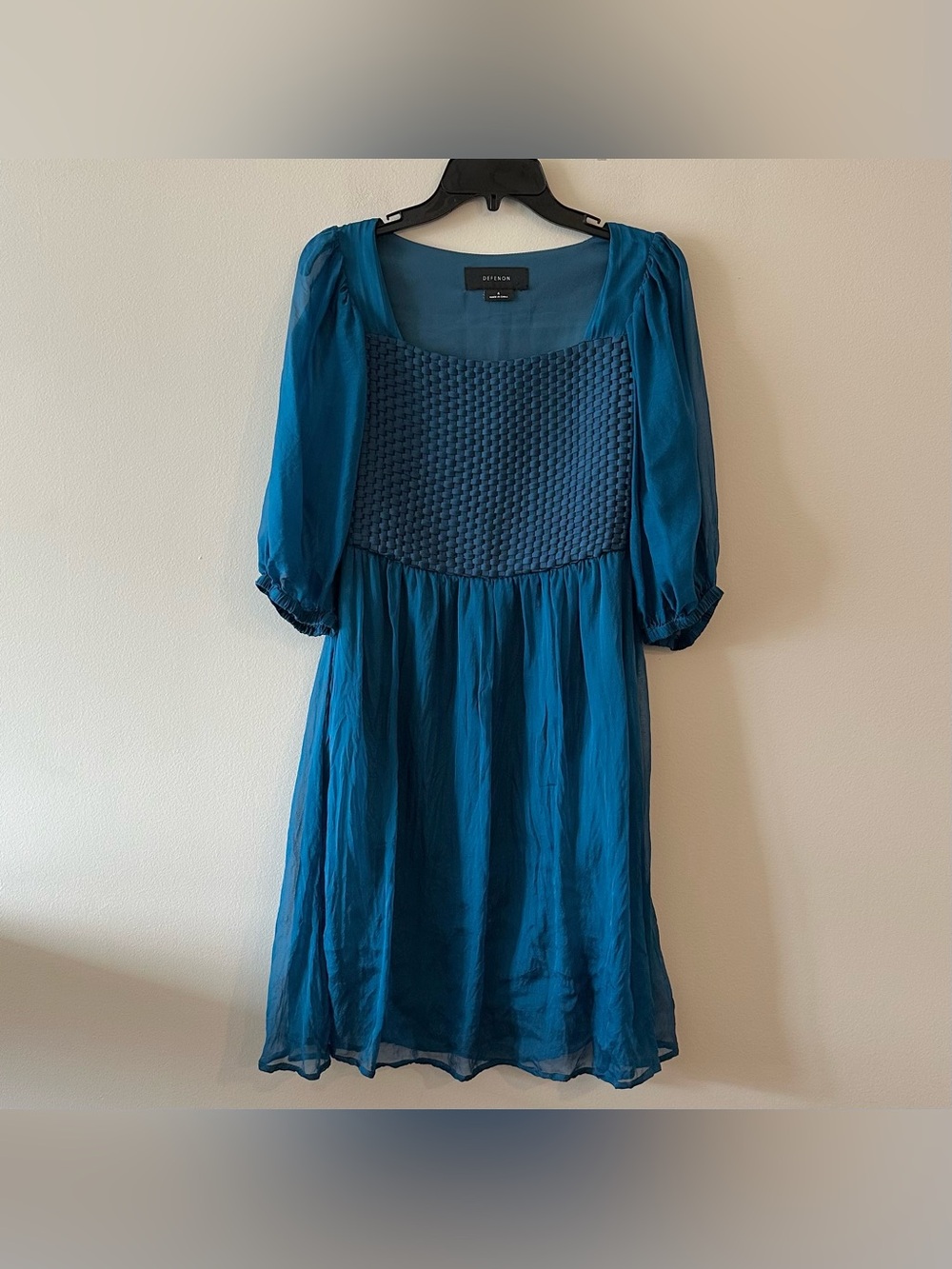 Vintage Y2K Defenon Blue Silk Puff Sleeve Weaved Mini Dress 4 Babydoll